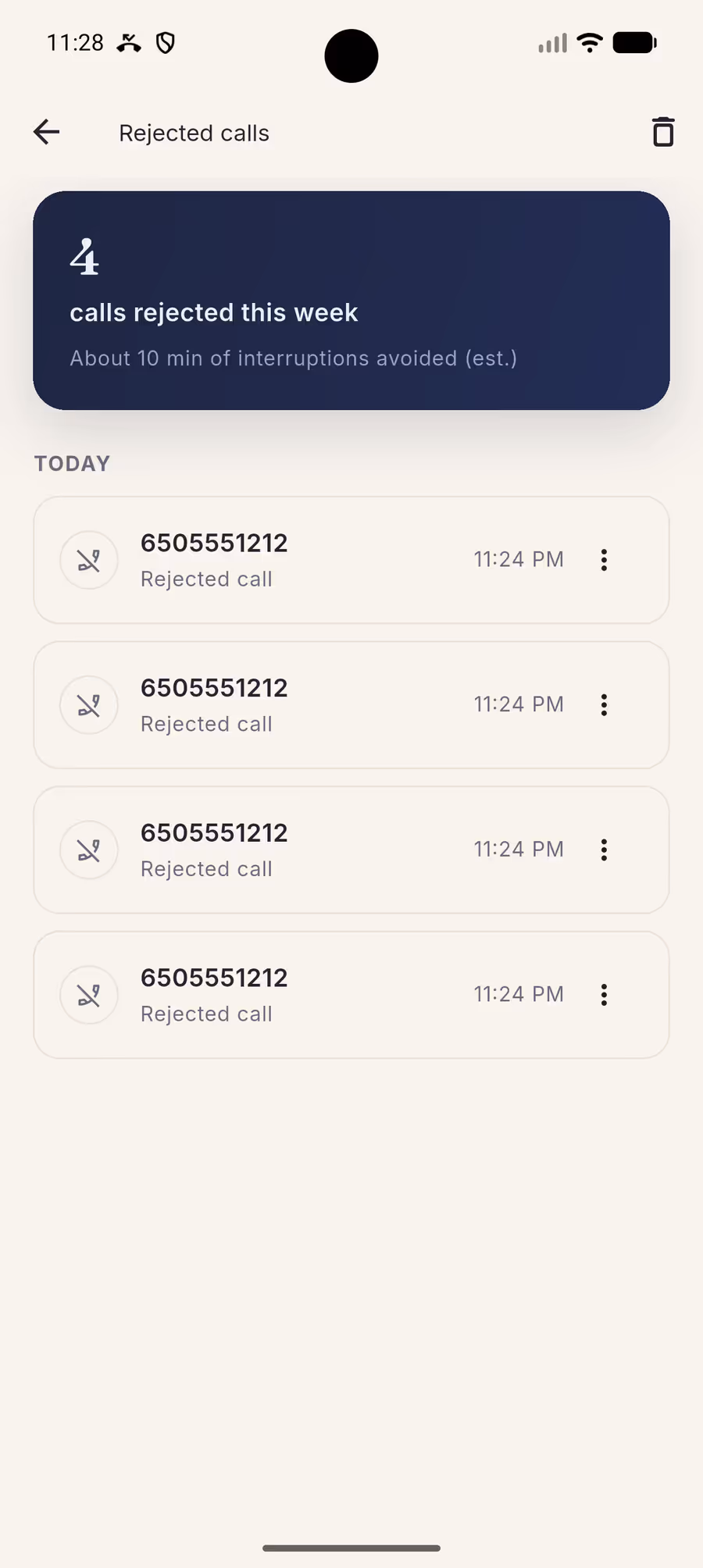 The rejected calls list in No Calls, showing recent blocked callers and a summary of calls rejected this week.